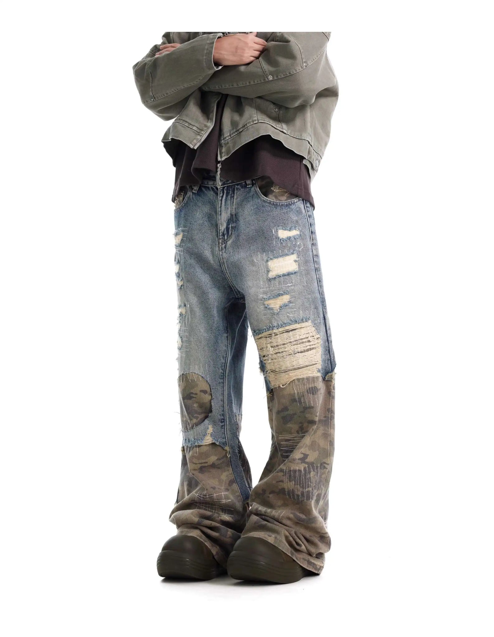 Half Camo Mid Blue Distressed Jeans