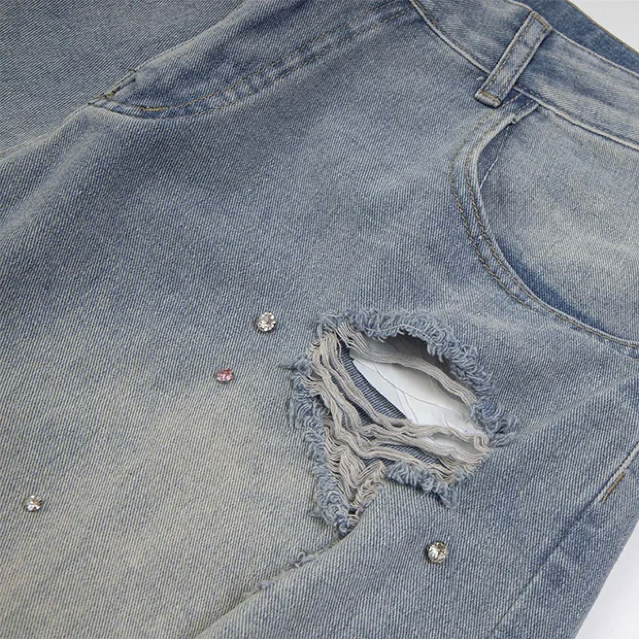 Rhinestone Raw Hem Light Wash Jean Shorts