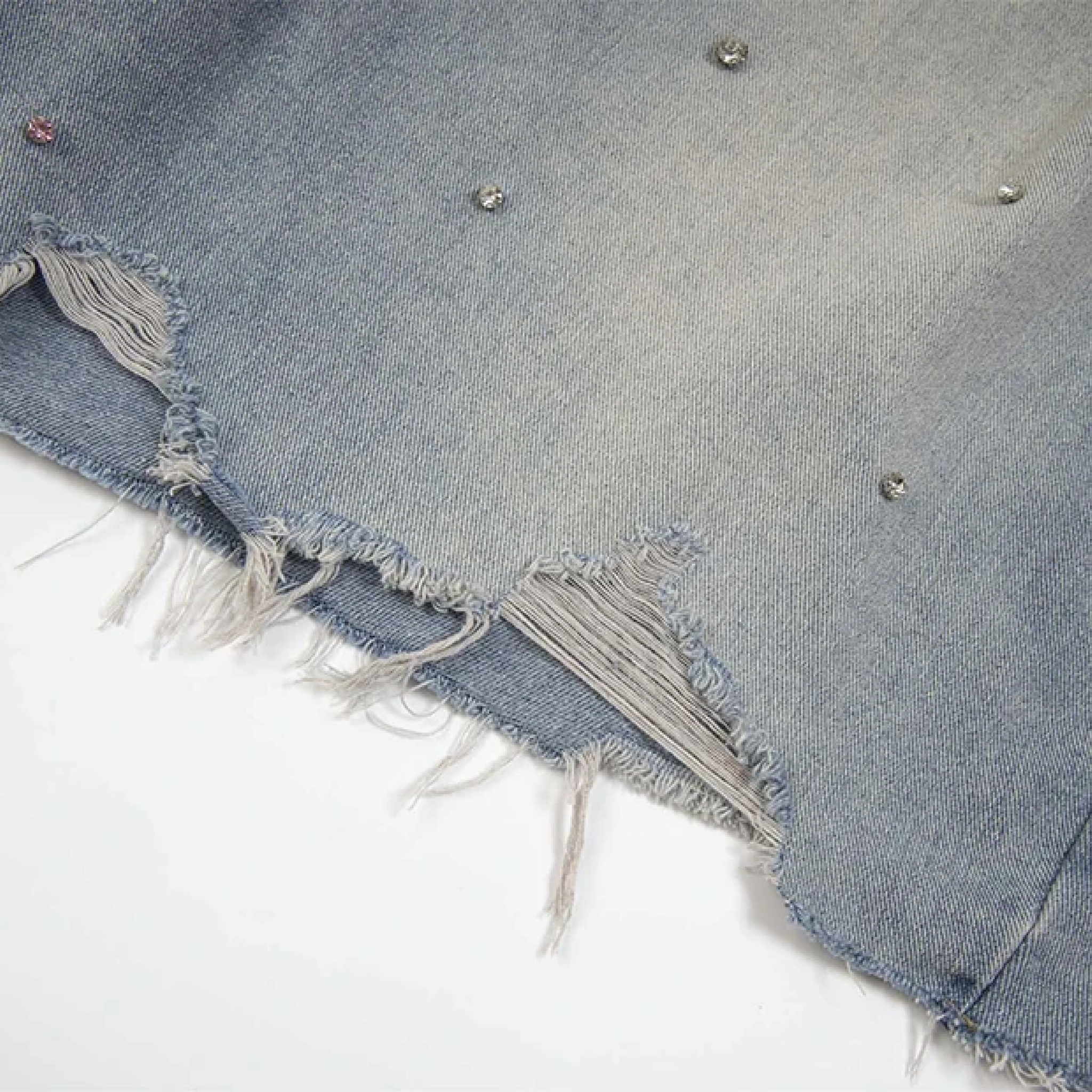 Rhinestone Raw Hem Light Wash Jean Shorts