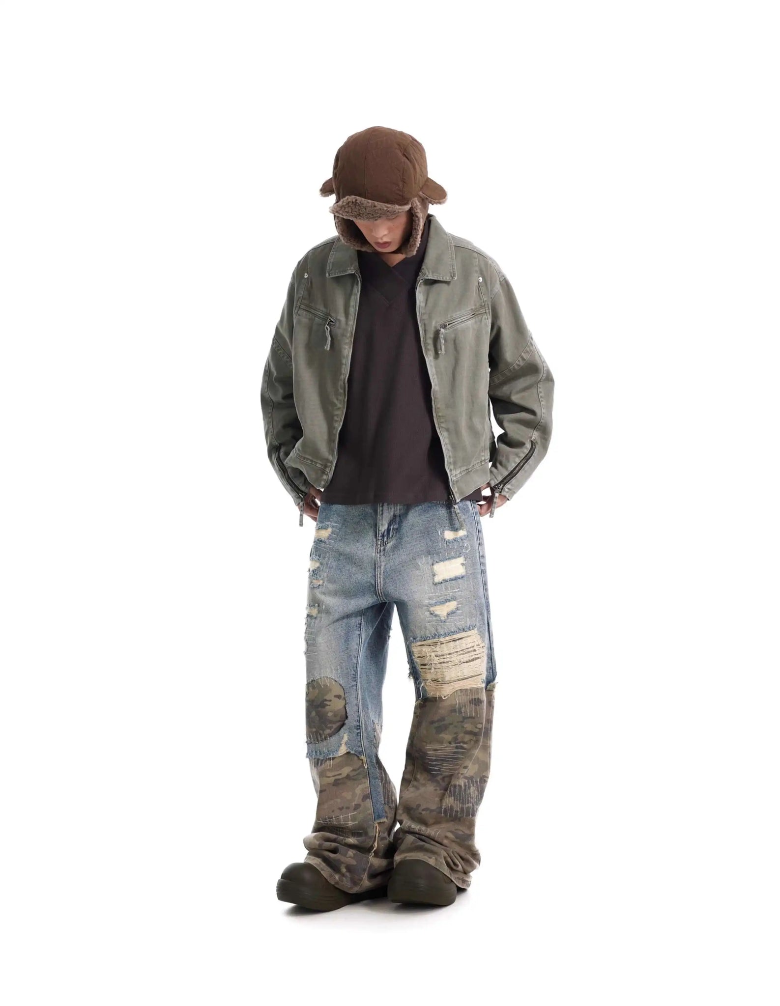 Half Camo Mid Blue Distressed Jeans